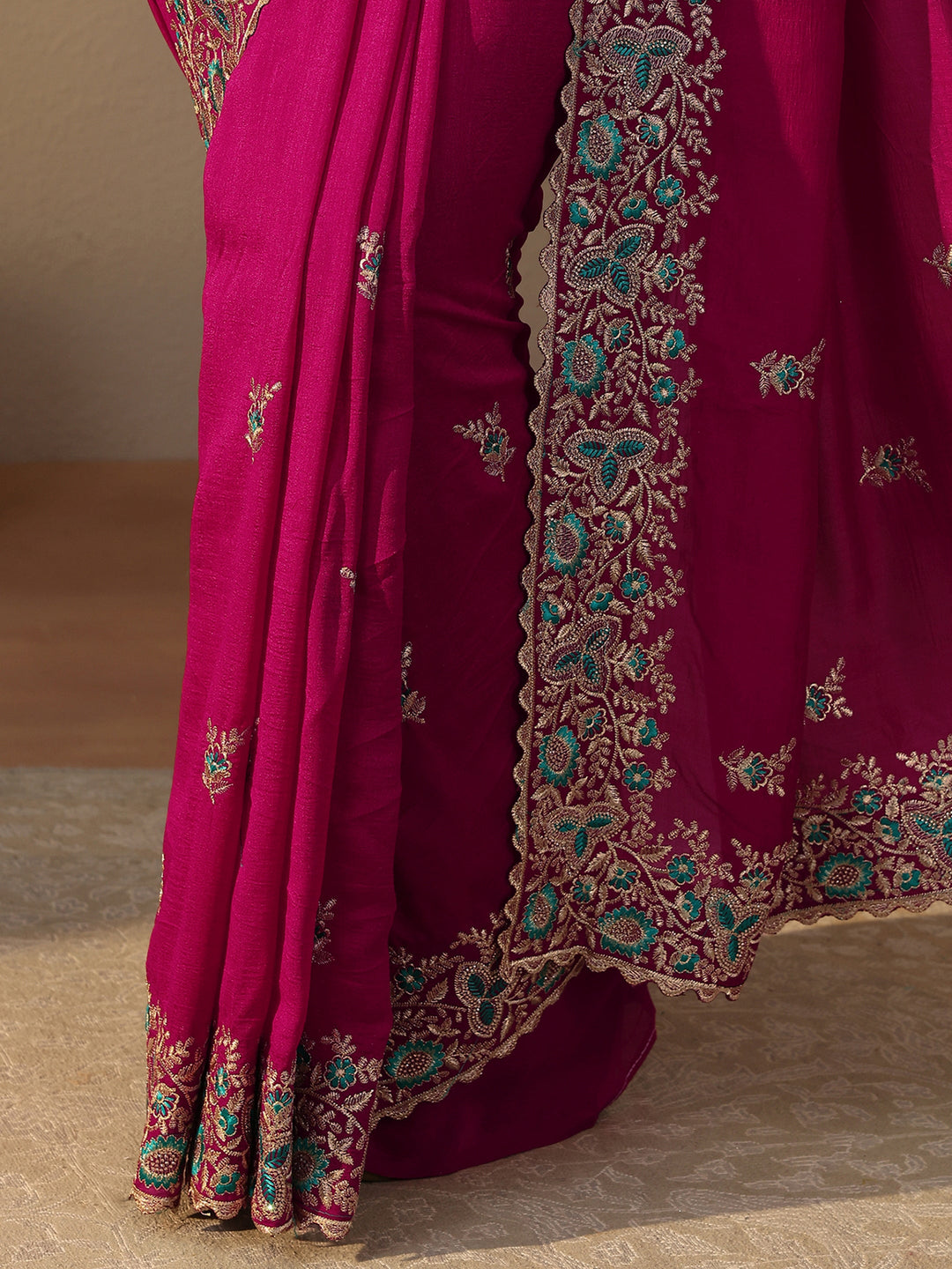 Pink Floral Embroidered Silk Blend Saree