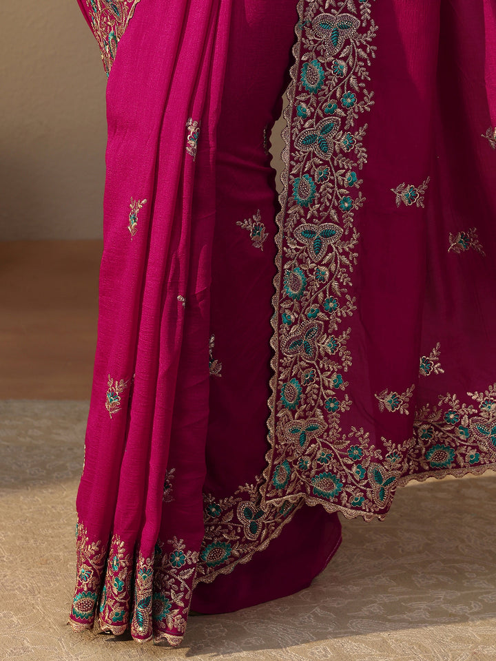 Pink Floral Embroidered Silk Blend Saree