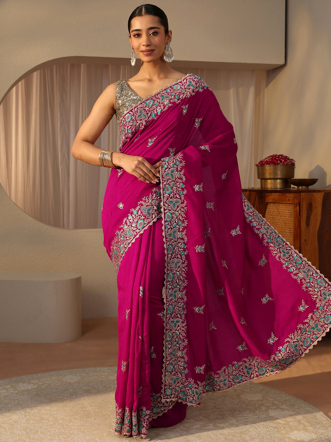 Pink Floral Embroidered Silk Blend Saree