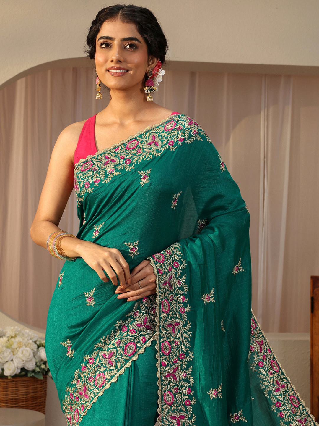 Green Floral Embroidered Silk Blend Saree