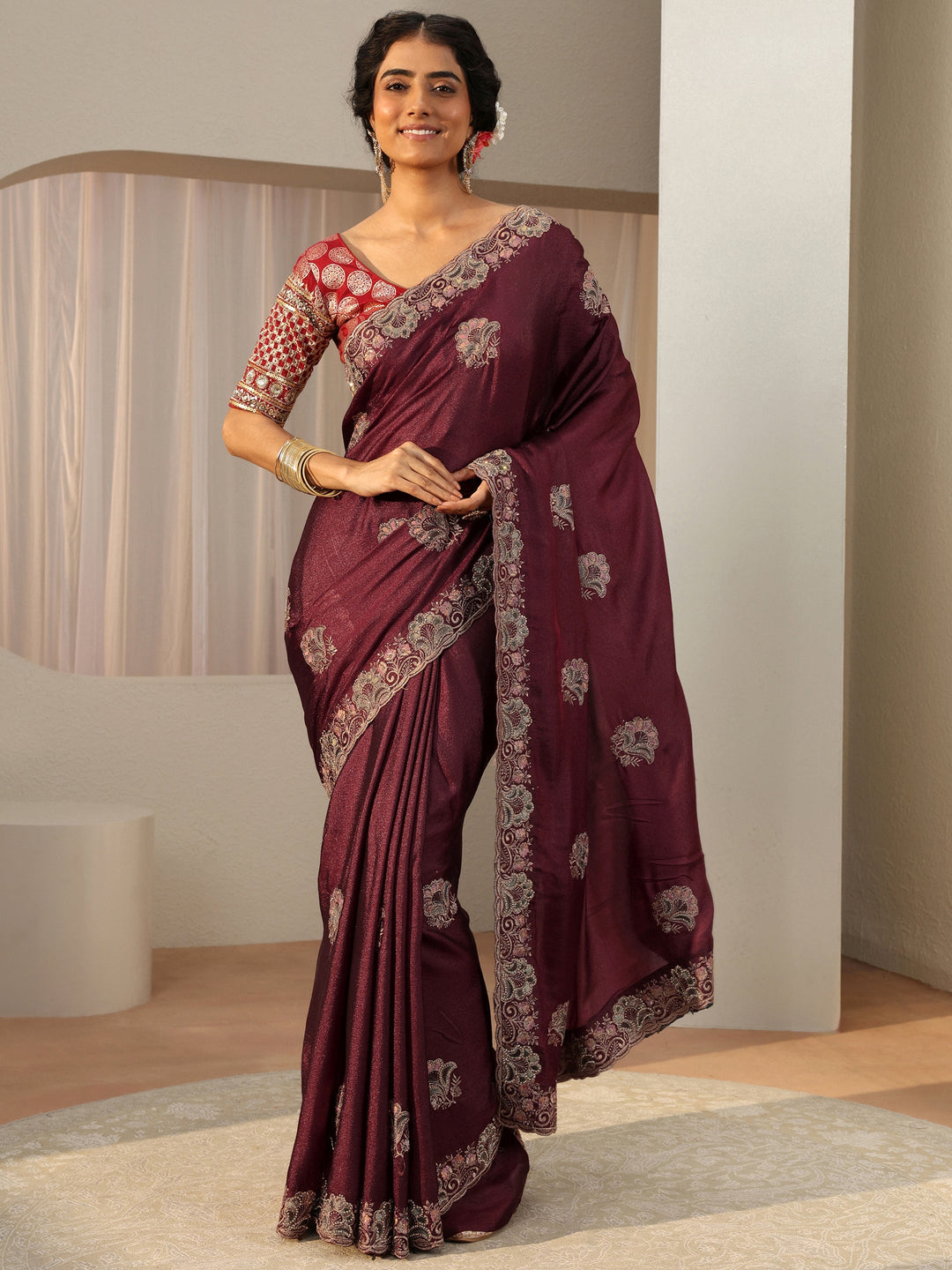 Maroon Floral Embroidered Glossy Chiffon Saree