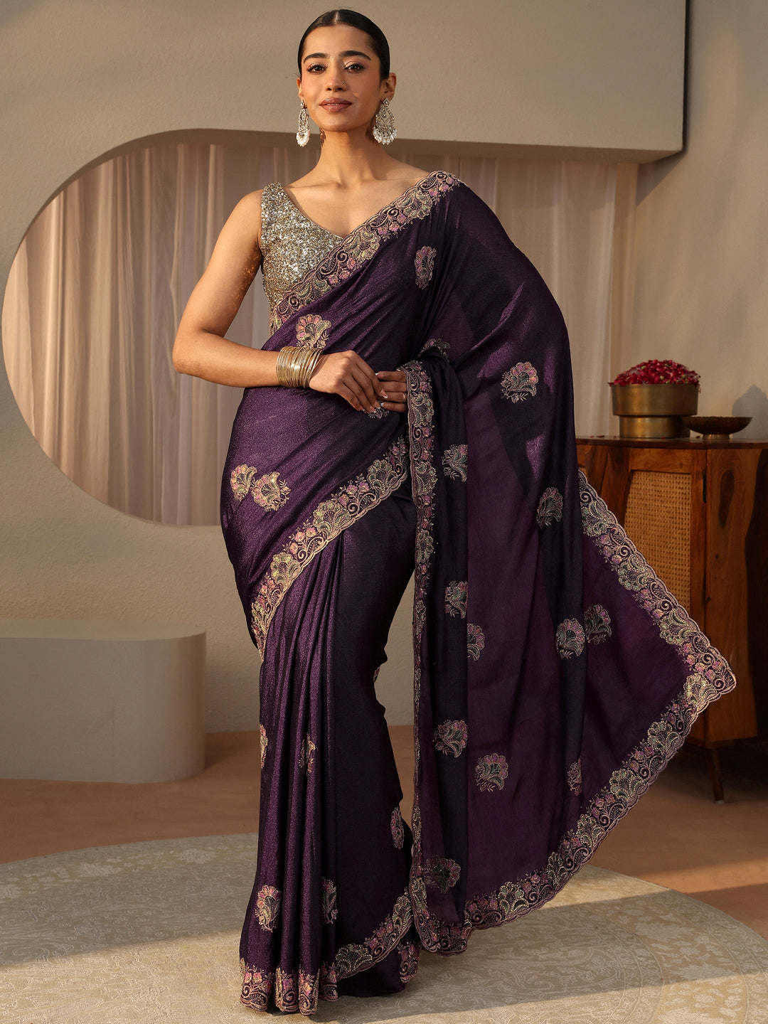 Libas Purple Floral Embroidered Glossy Chiffon Saree