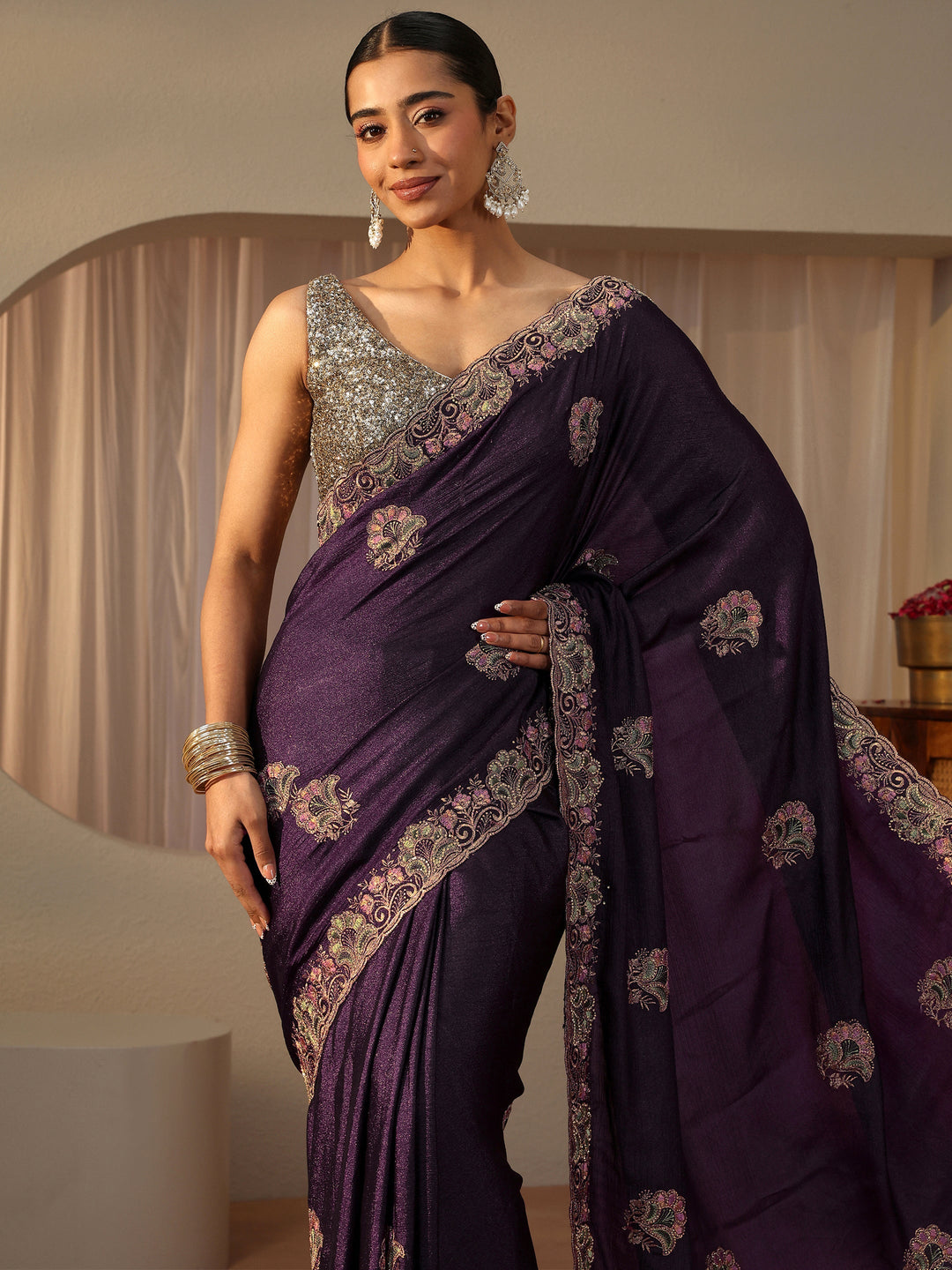 Libas Purple Floral Embroidered Glossy Chiffon Saree