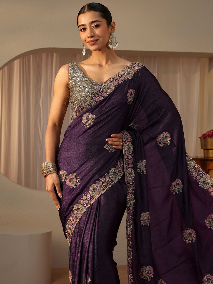 Libas Purple Floral Embroidered Glossy Chiffon Saree