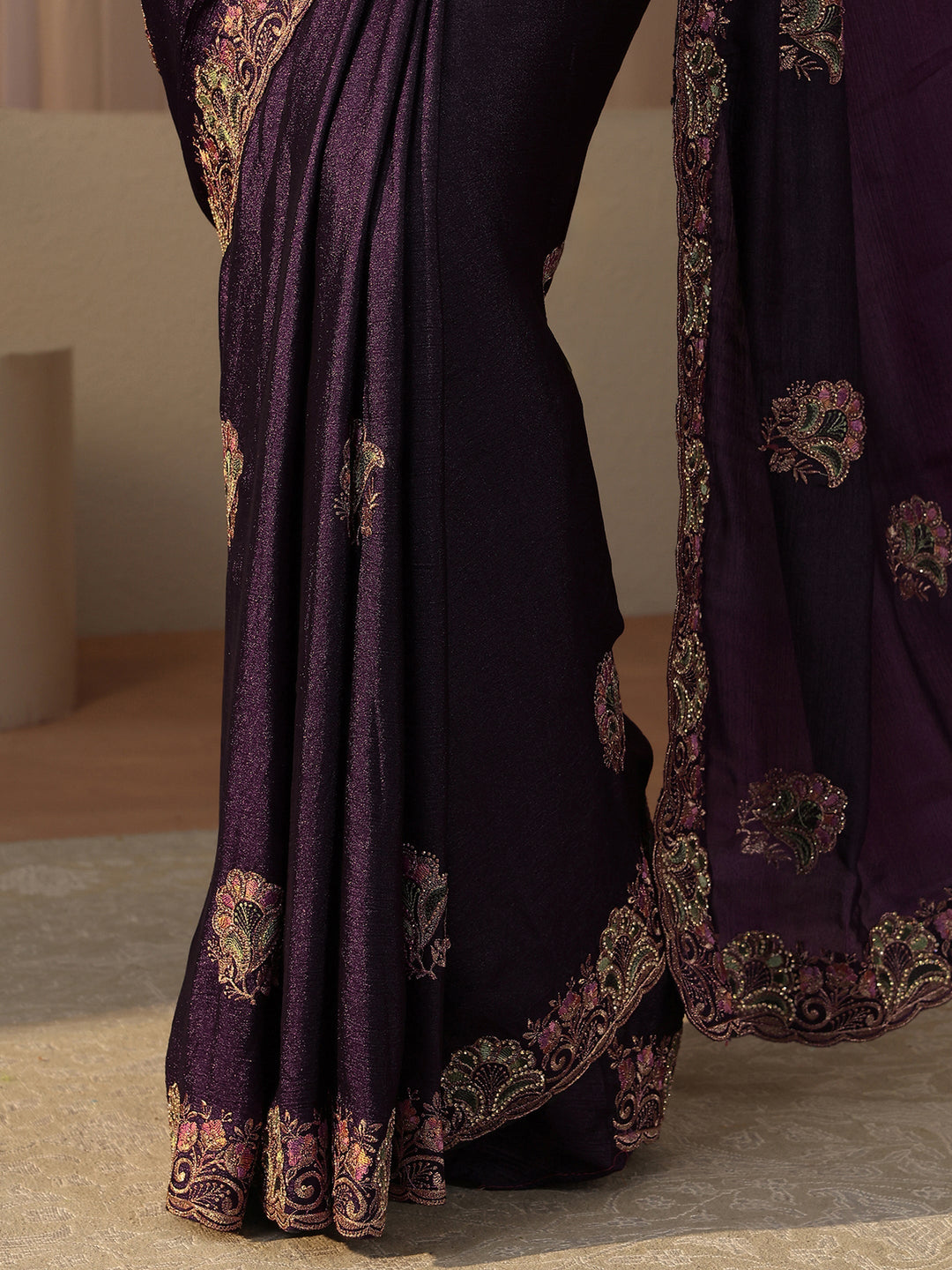 Libas Purple Floral Embroidered Glossy Chiffon Saree
