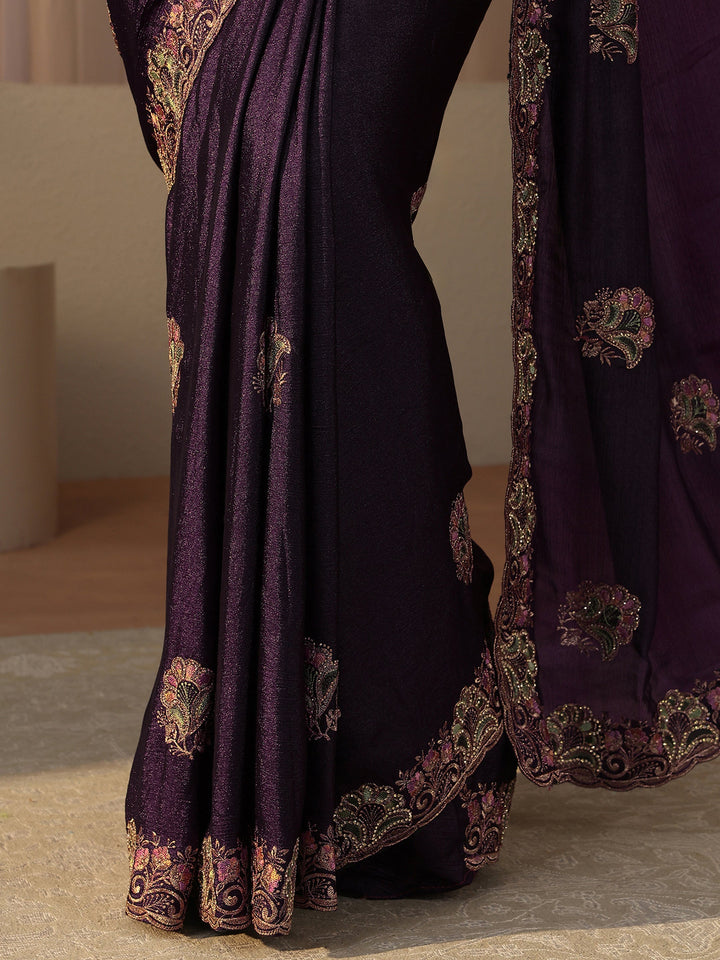 Libas Purple Floral Embroidered Glossy Chiffon Saree
