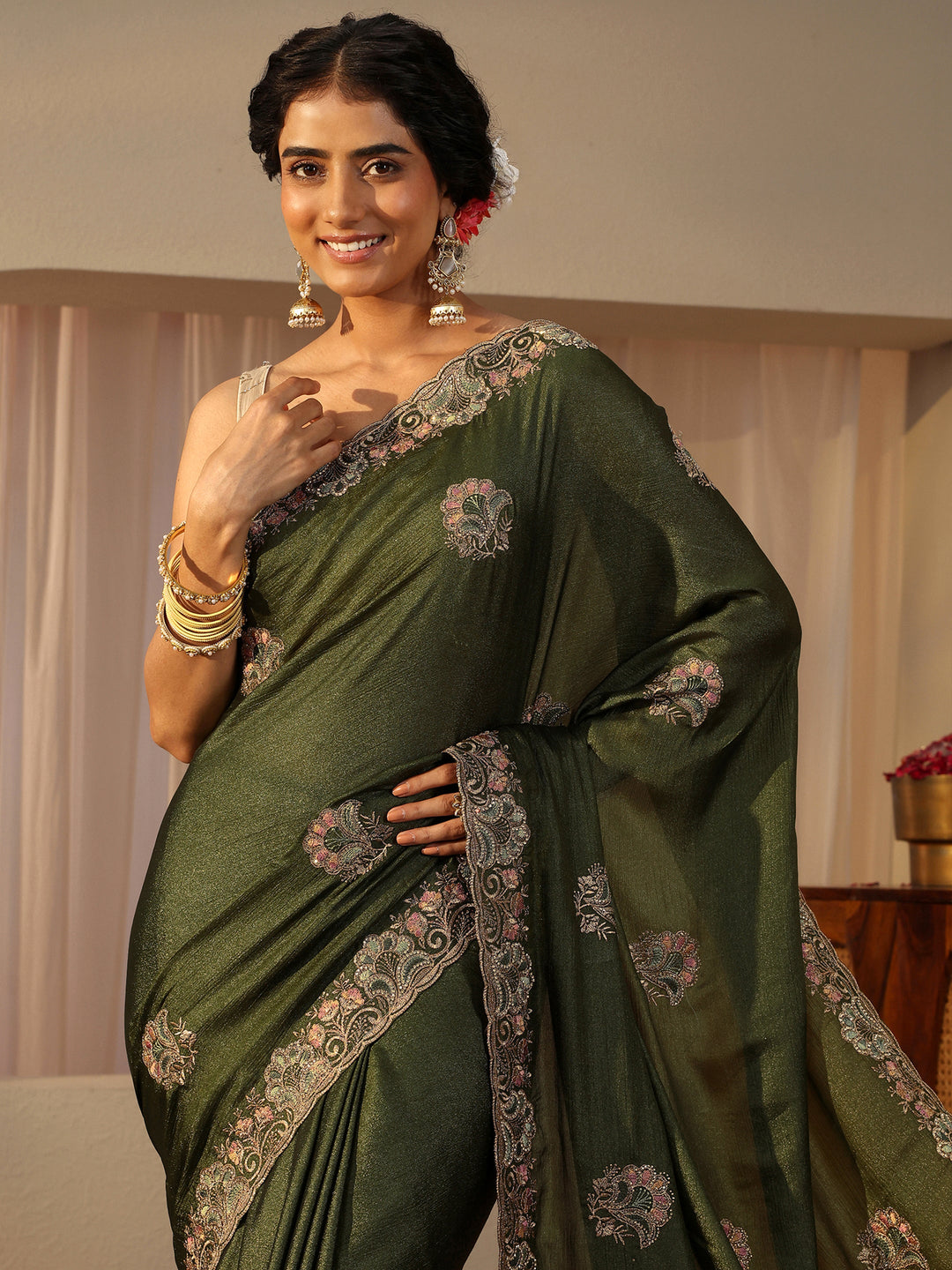 Green Floral Embroidered Glossy Chiffon Saree