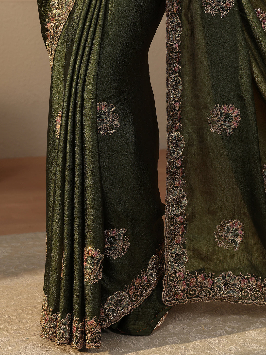 Green Floral Embroidered Glossy Chiffon Saree
