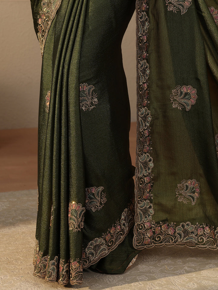 Green Floral Embroidered Glossy Chiffon Saree