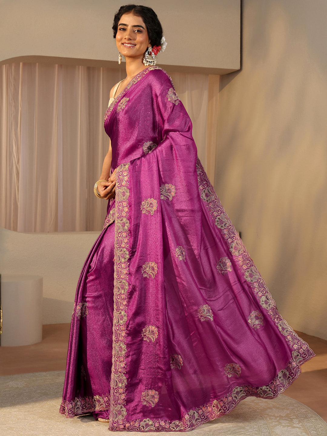 Pink Floral Embroidered Glossy Chiffon Saree