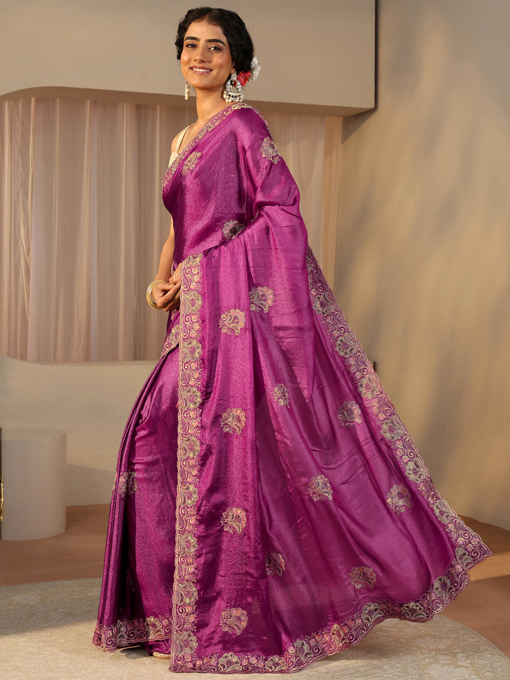 Pink Floral Embroidered Glossy Chiffon Saree