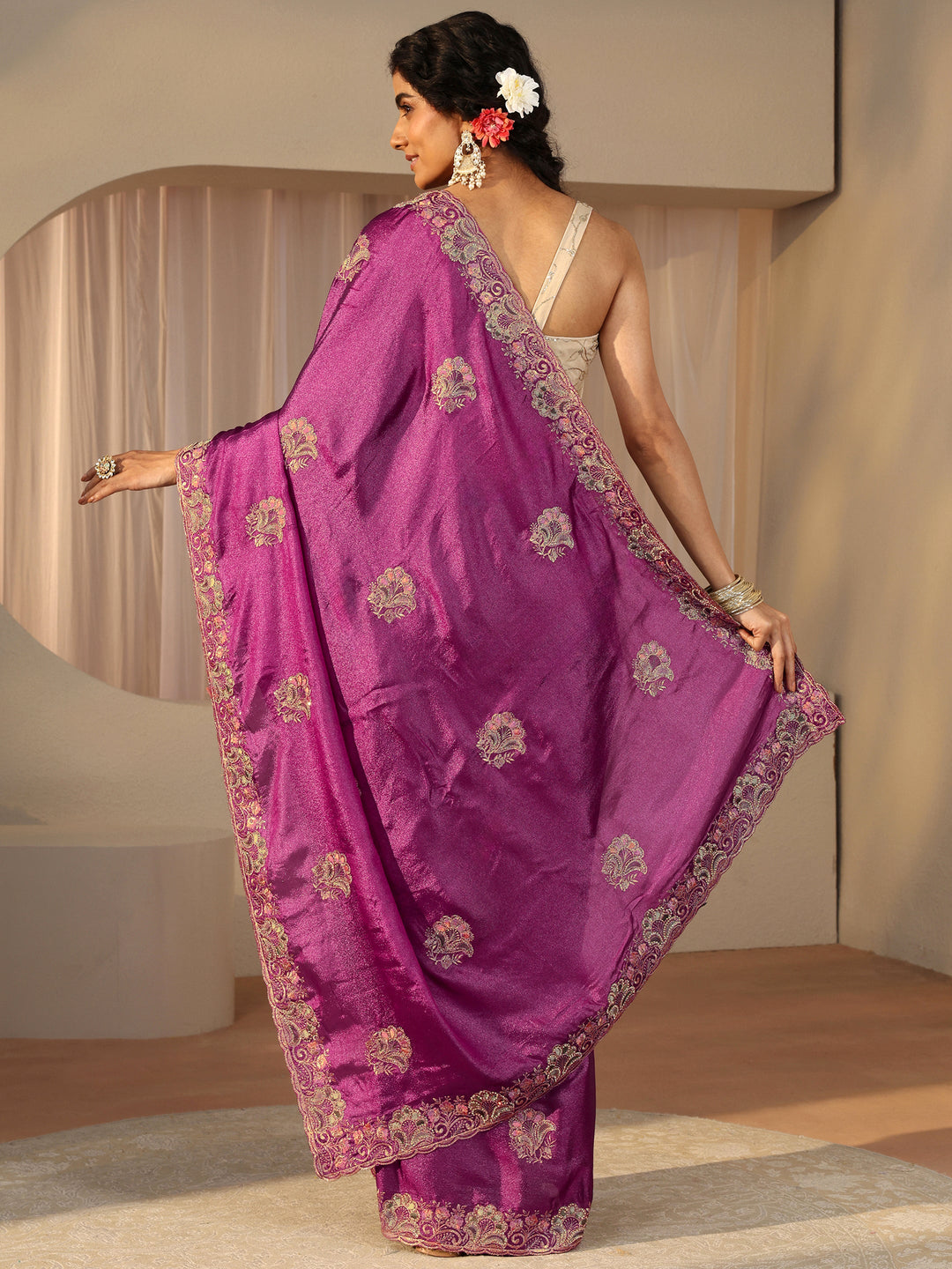 Pink Floral Embroidered Glossy Chiffon Saree