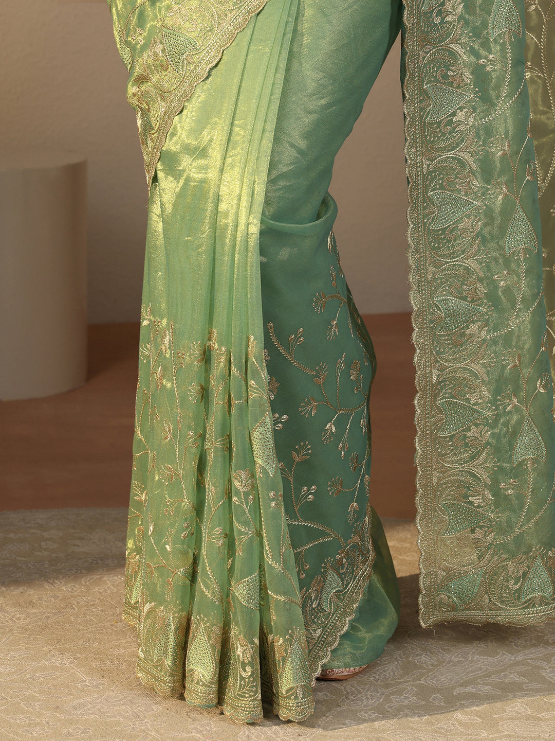 Green Floral Embroidered Glossy Net Saree