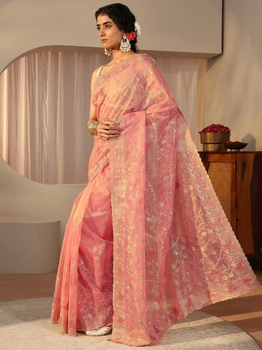 Peach Floral Embroidered Glossy Net Saree