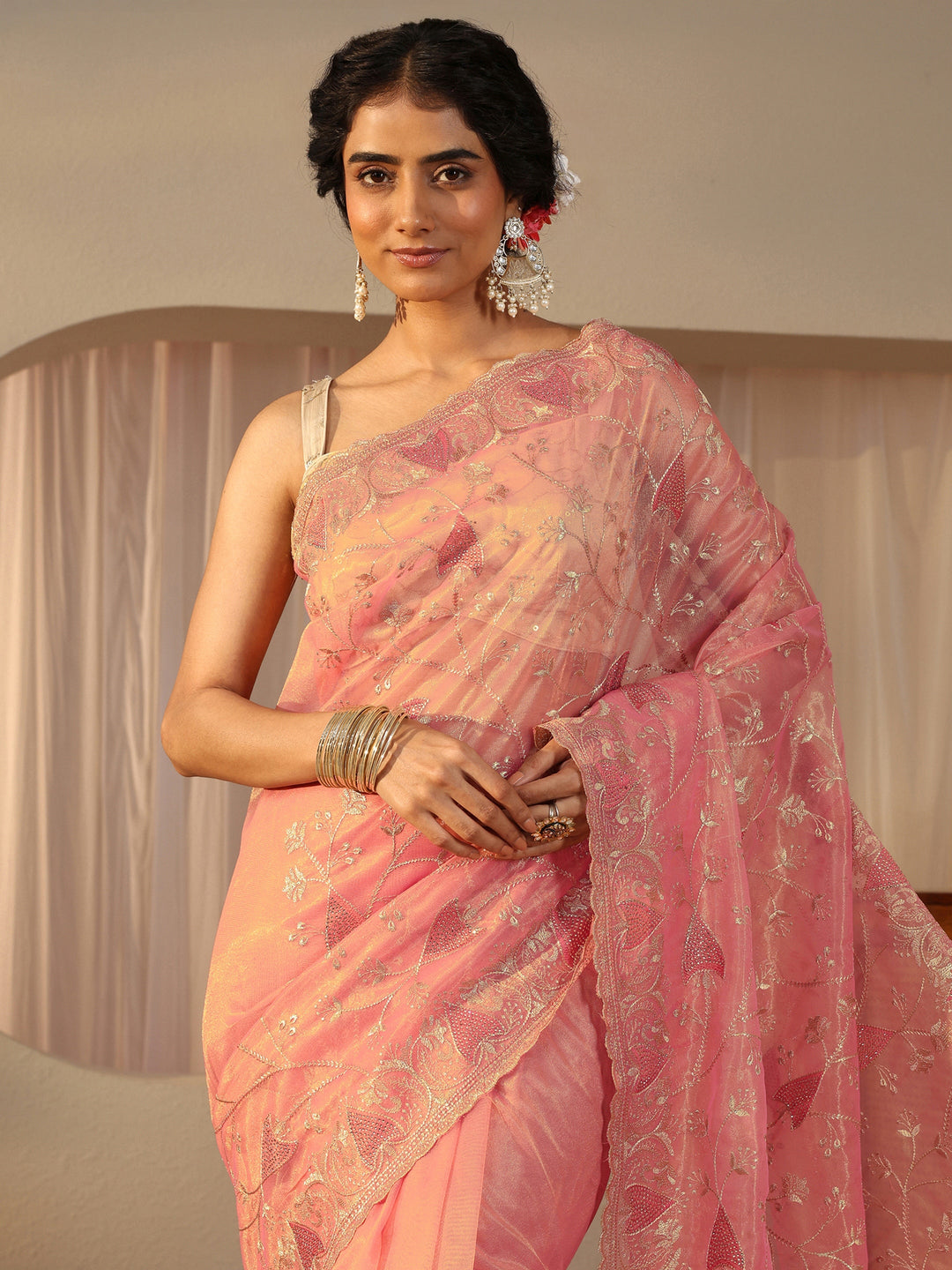 Peach Floral Embroidered Glossy Net Saree