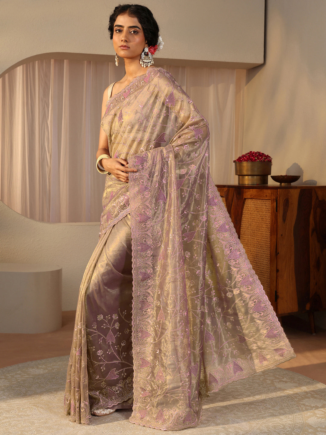 Lavender Floral Embroidered Glossy Net Saree