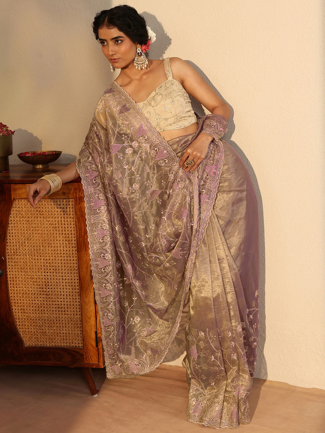 Lavender Floral Embroidered Glossy Net Saree