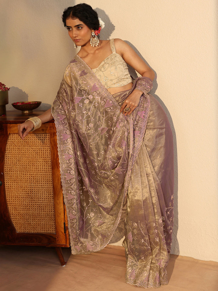 Lavender Floral Embroidered Glossy Net Saree