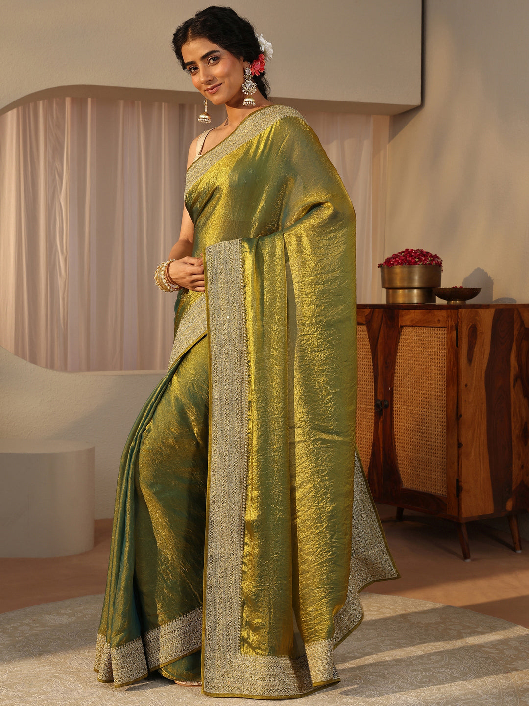 Green Solid Glossy Tissue Saree