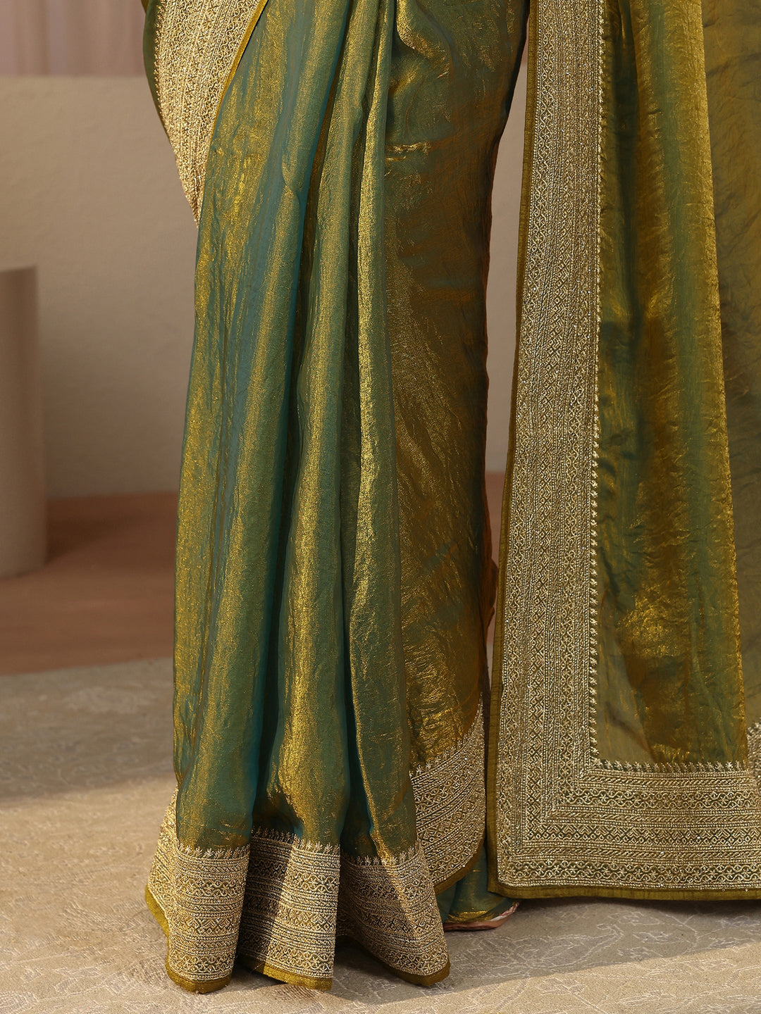 Green Solid Glossy Tissue Saree