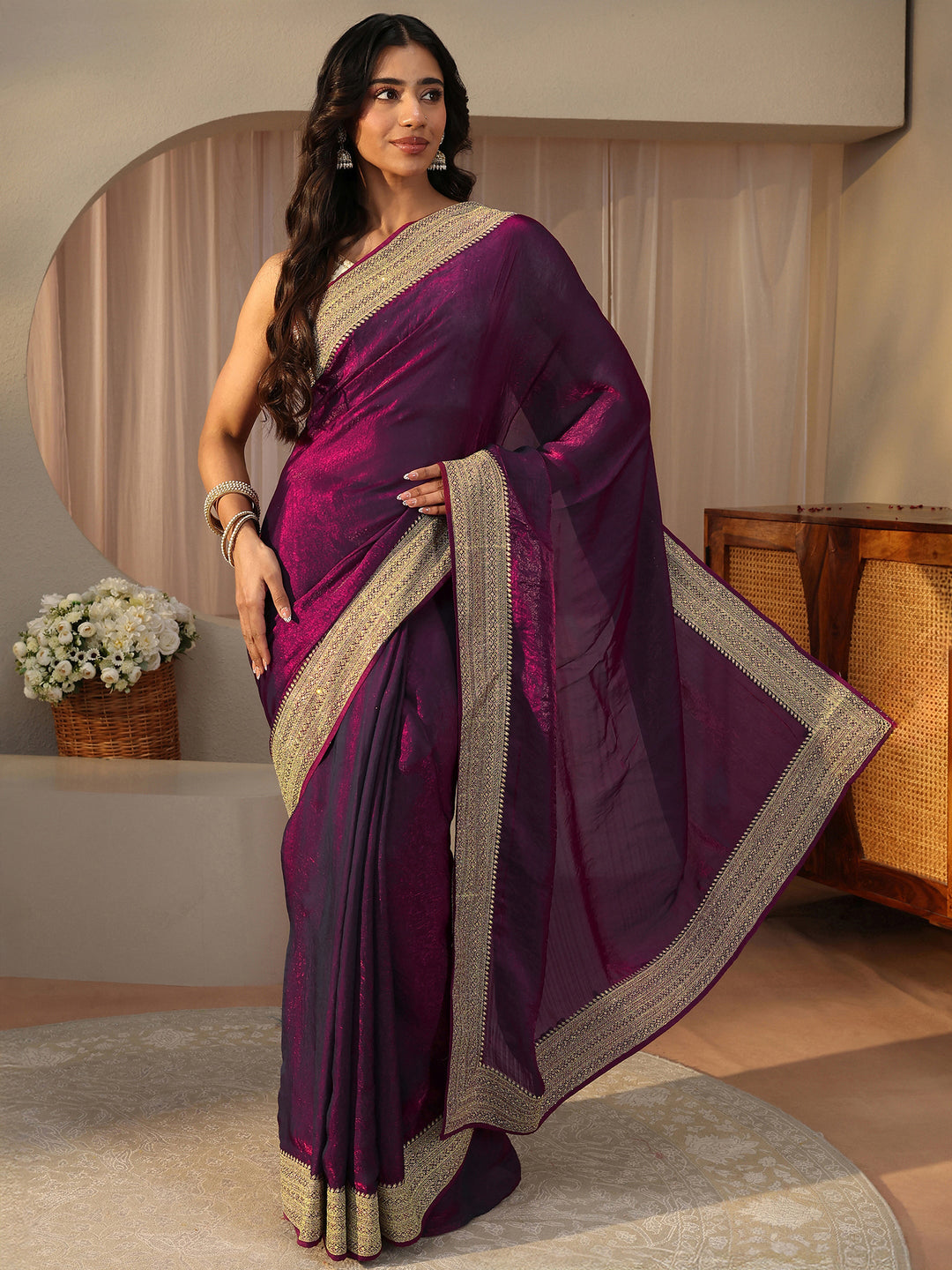 Burgundy Solid Glossy Tissue Saree