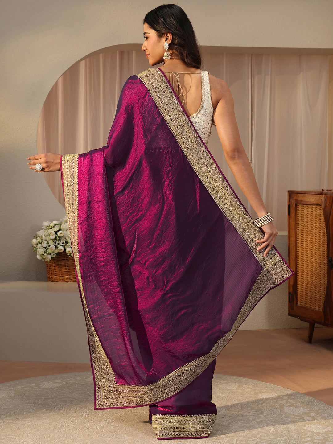 Burgundy Solid Glossy Tissue Saree