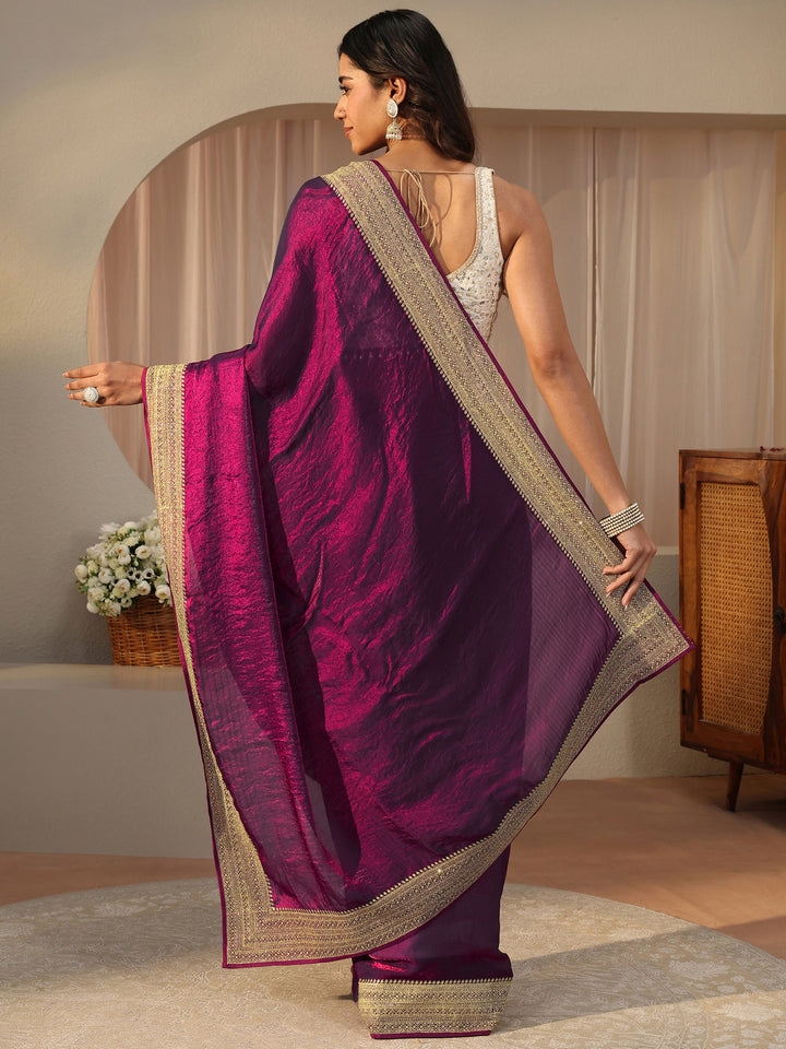 Burgundy Solid Glossy Tissue Saree