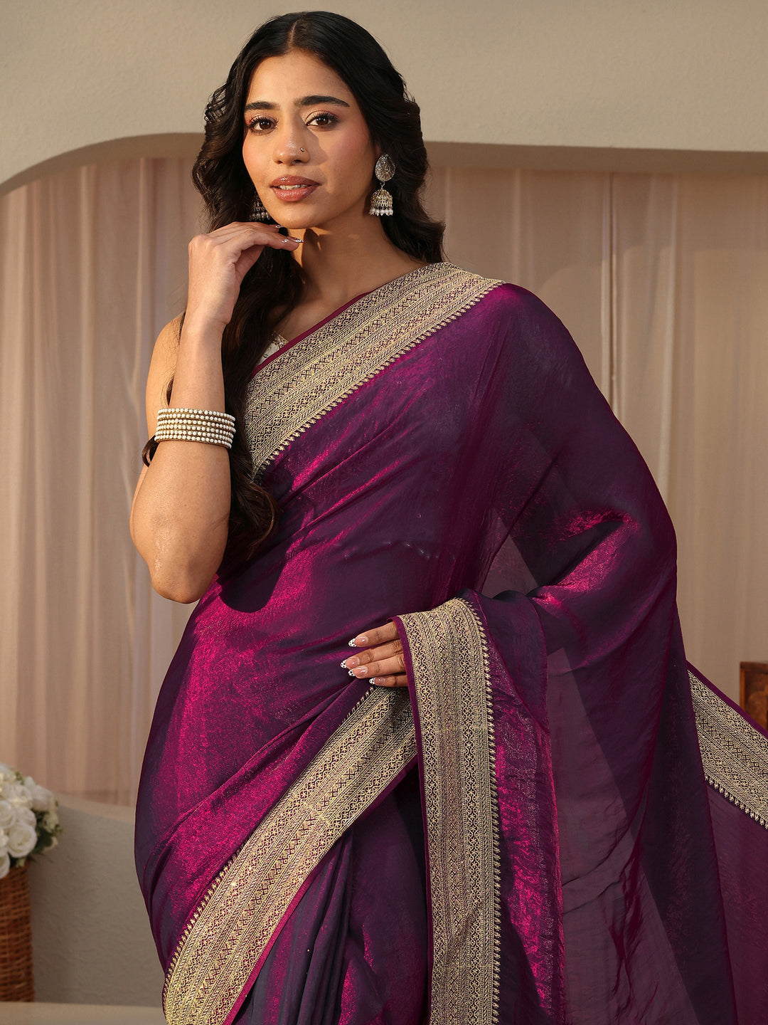Burgundy Solid Glossy Tissue Saree