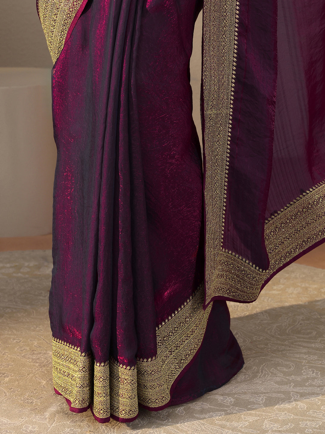 Burgundy Solid Glossy Tissue Saree