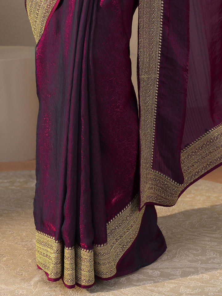 Burgundy Solid Glossy Tissue Saree