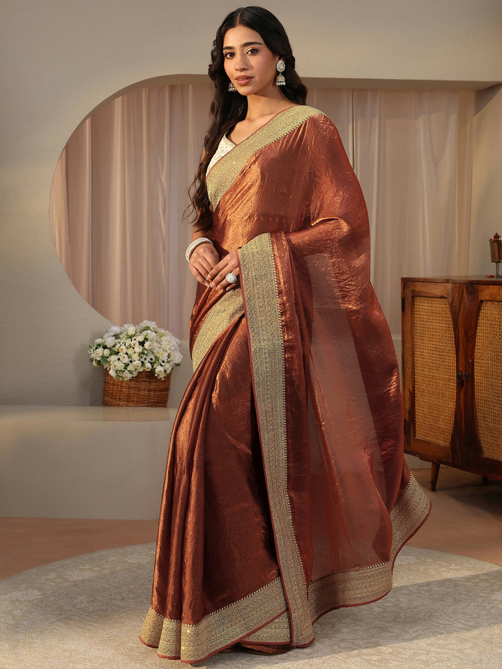 Brown Solid Glossy Tissue Saree