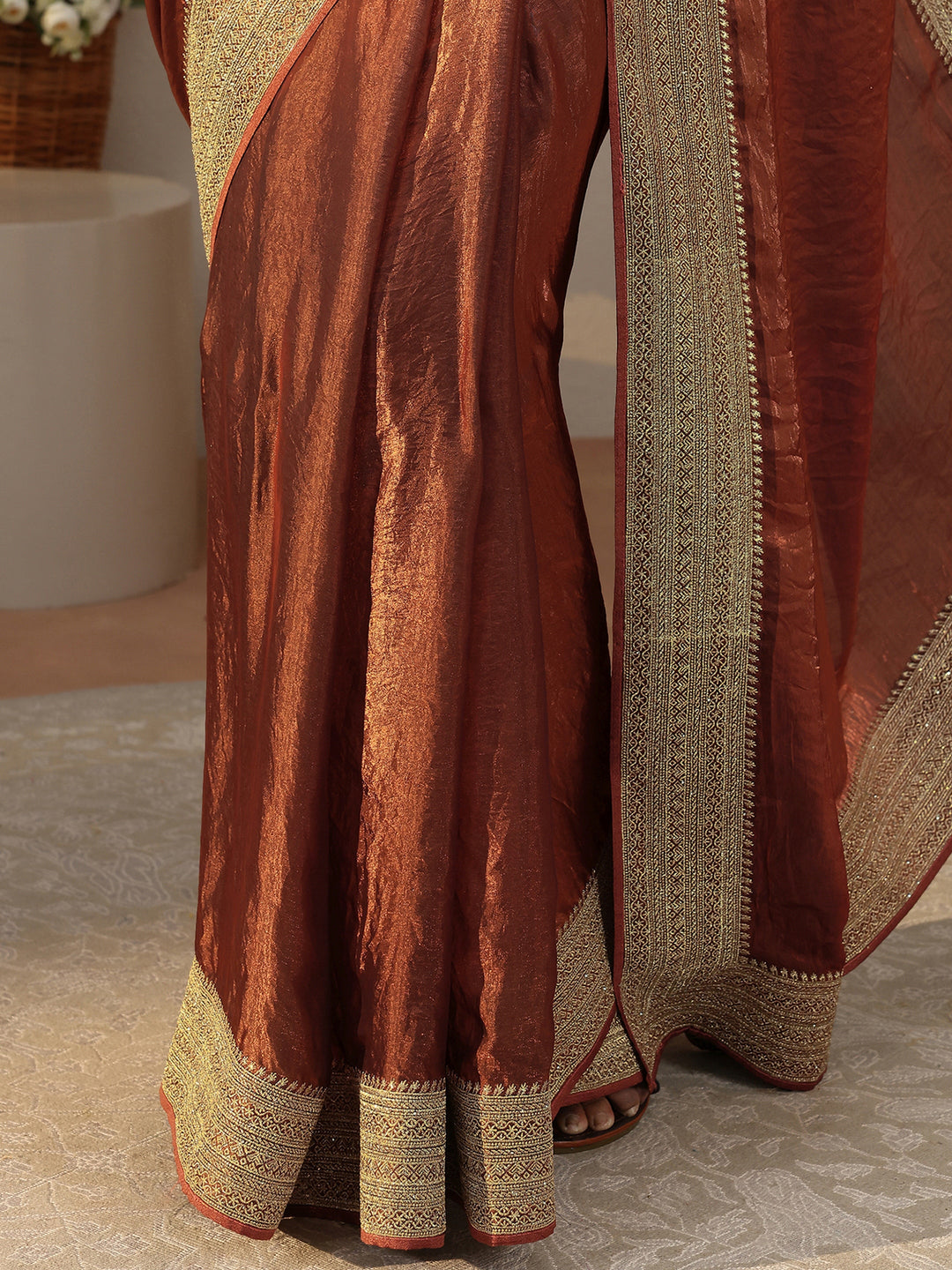 Brown Solid Glossy Tissue Saree