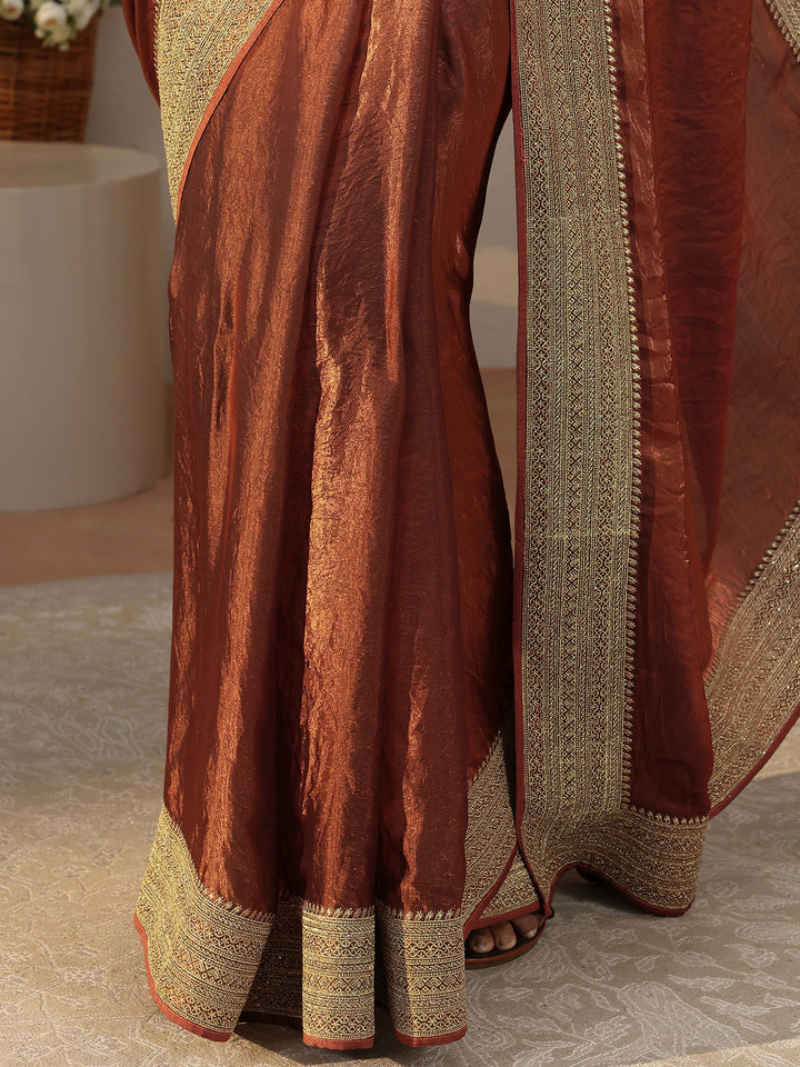 Brown Solid Glossy Tissue Saree