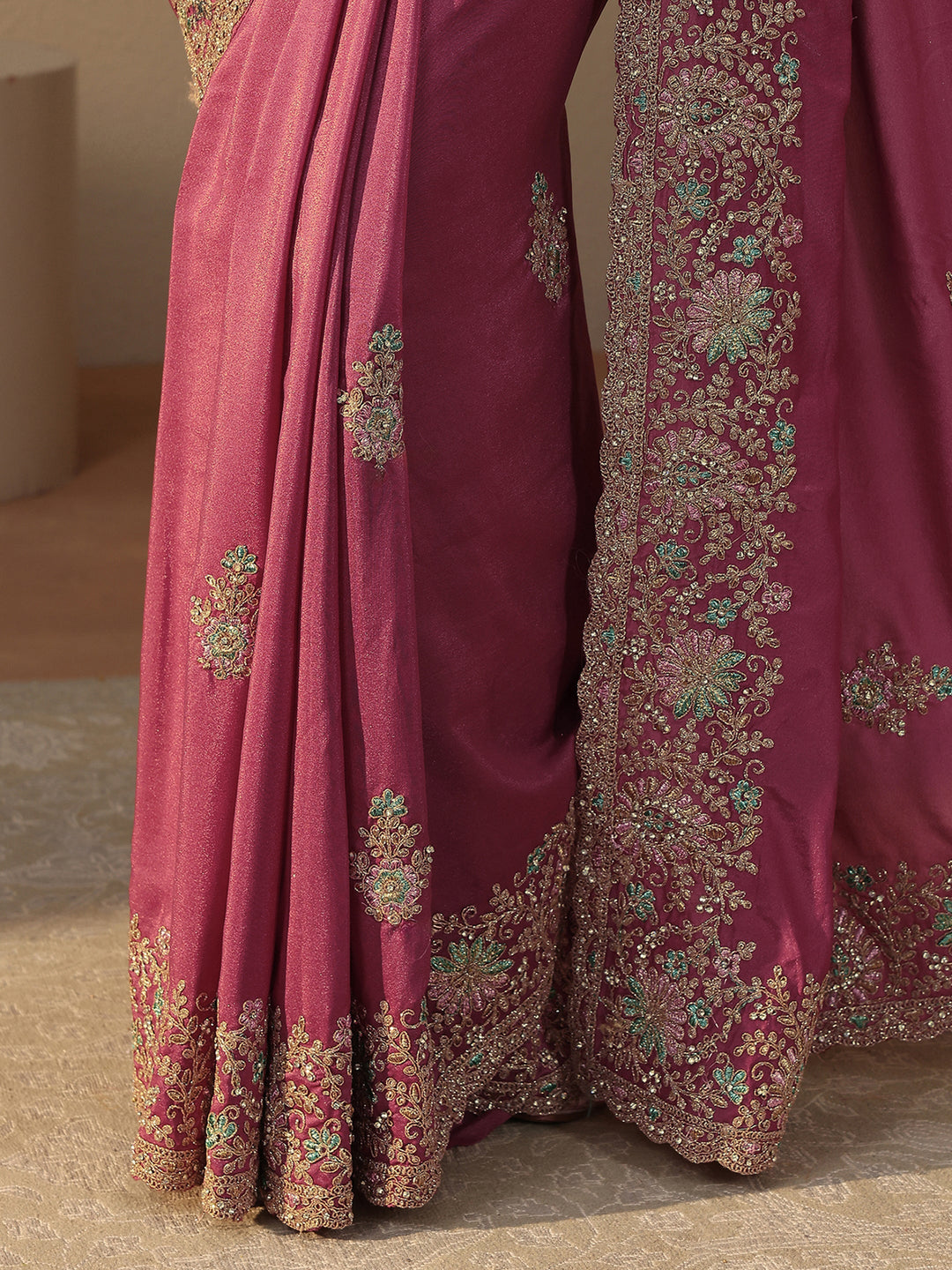 Pink Floral Embroidered Satin Saree