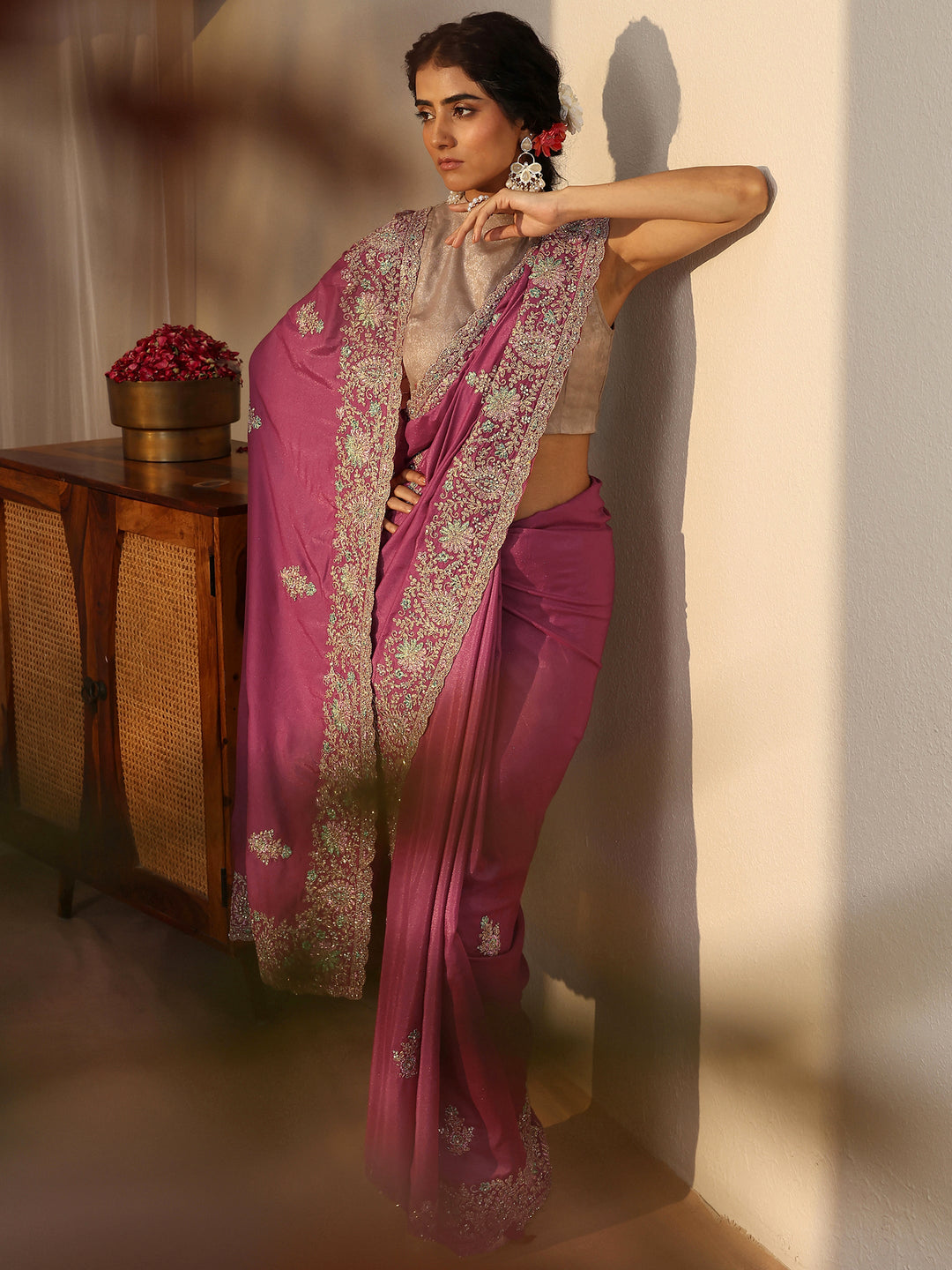 Pink Floral Embroidered Satin Saree
