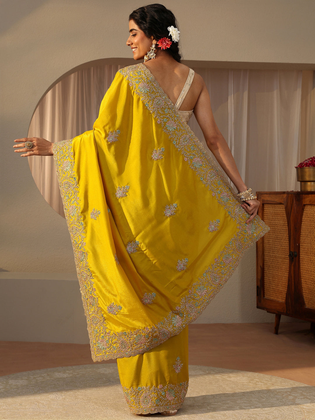 Yellow Floral Embroidered Satin Saree