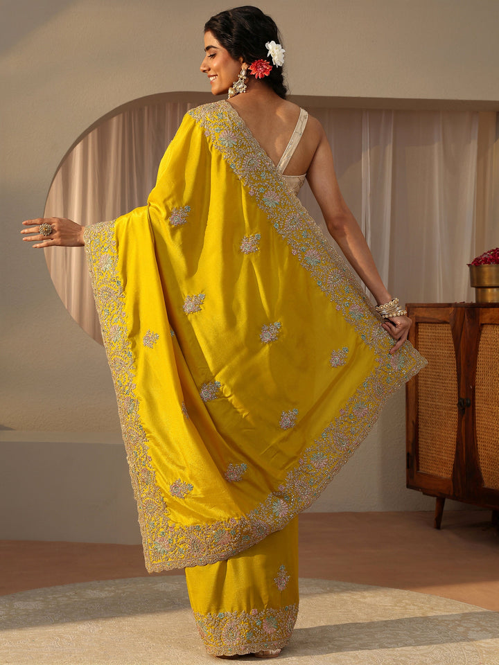 Yellow Floral Embroidered Satin Saree