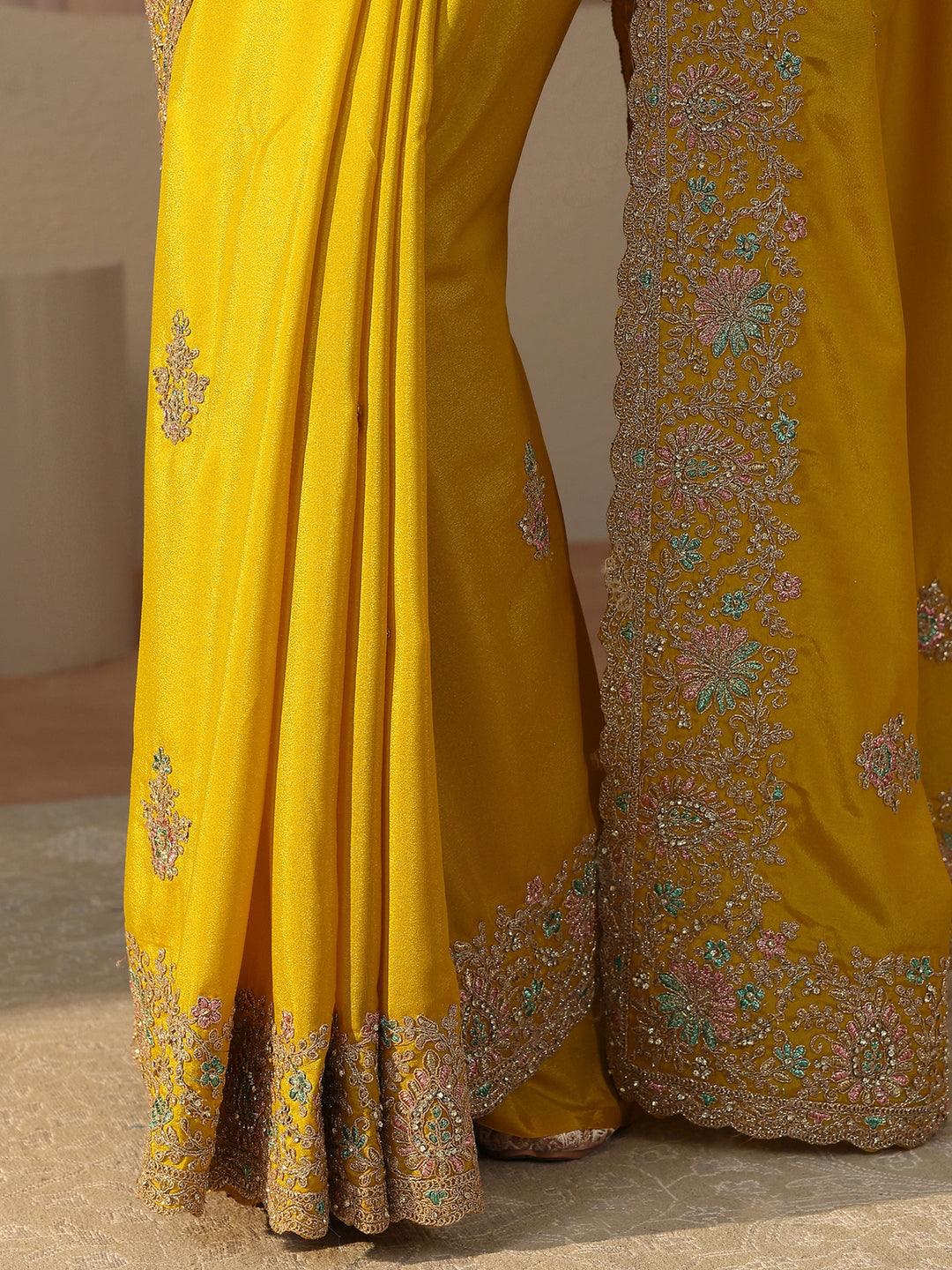 Yellow Floral Embroidered Satin Saree
