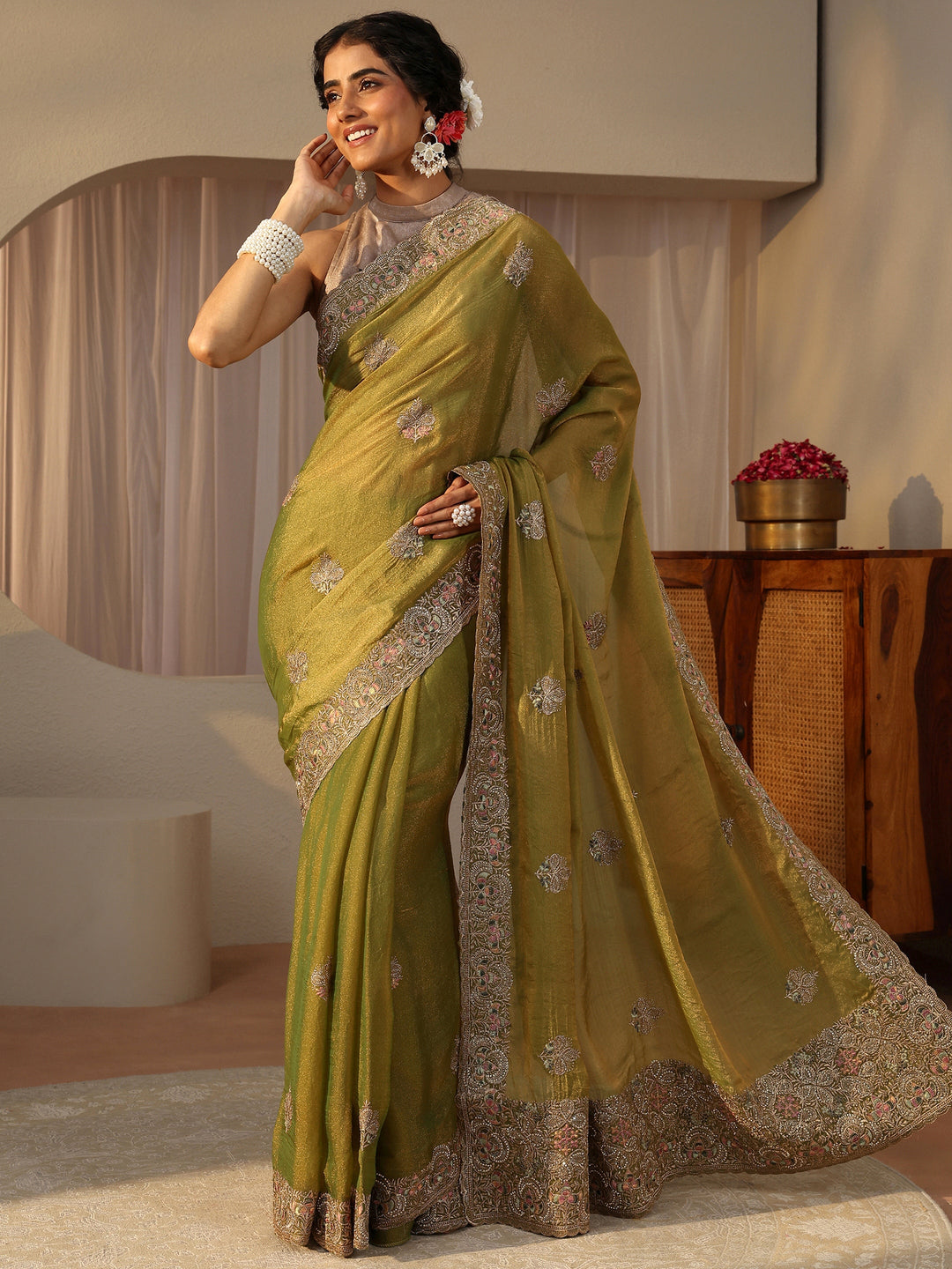 Green Floral Embroidered Tissue Saree