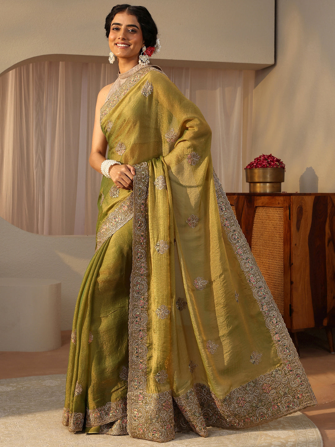 Green Floral Embroidered Tissue Saree