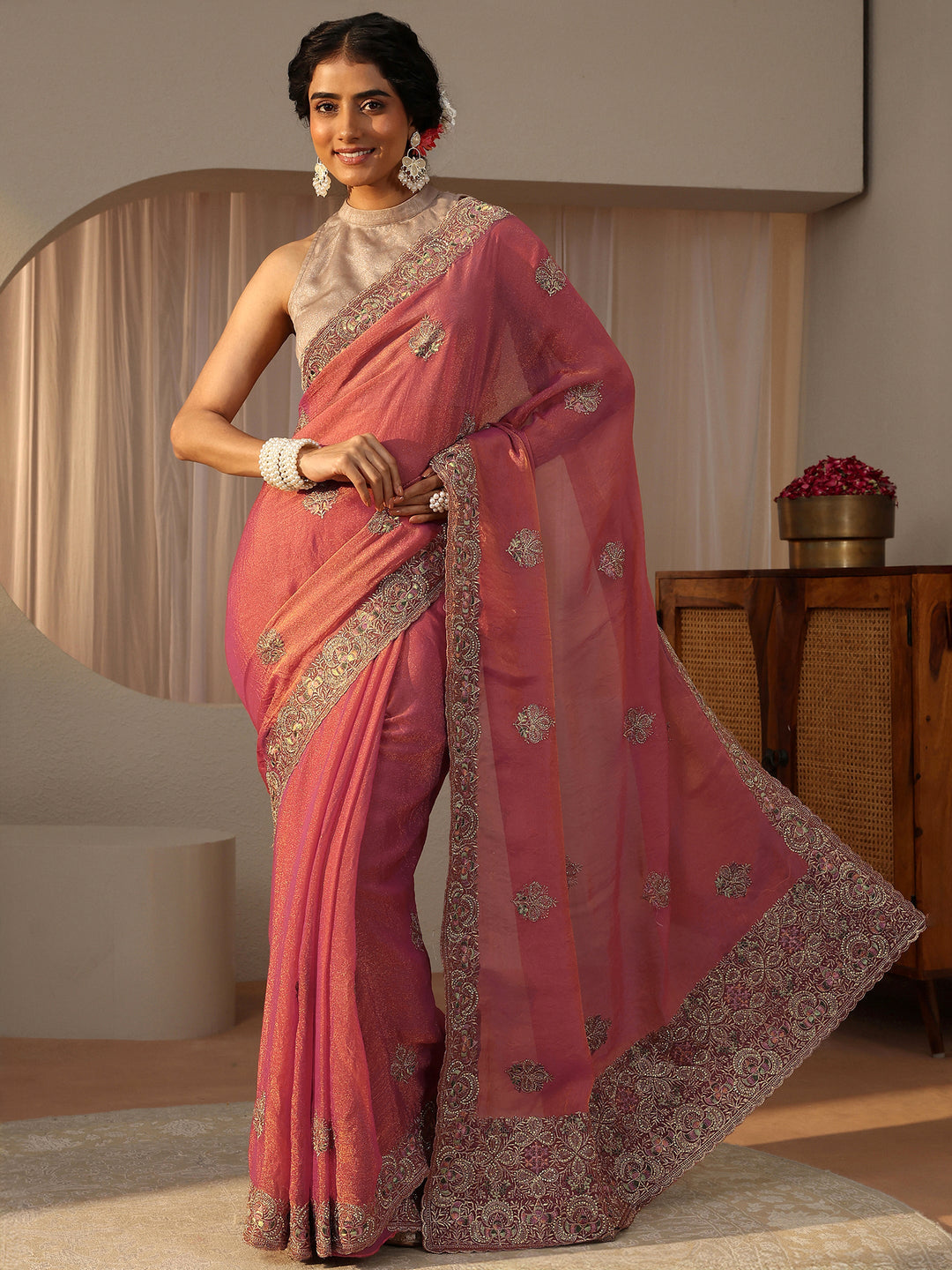 Peach Floral Embroidered Tissue Saree