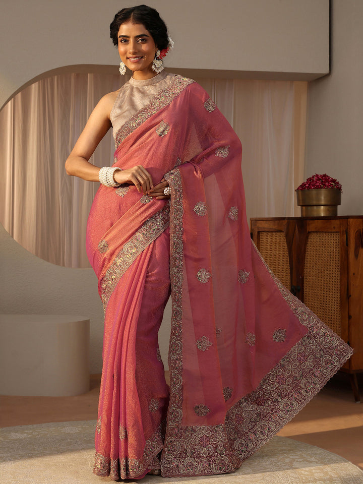 Peach Floral Embroidered Tissue Saree