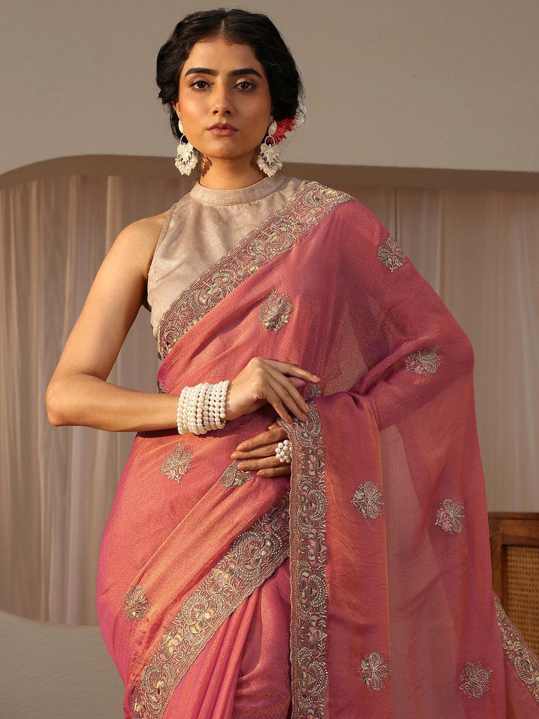 Peach Floral Embroidered Tissue Saree