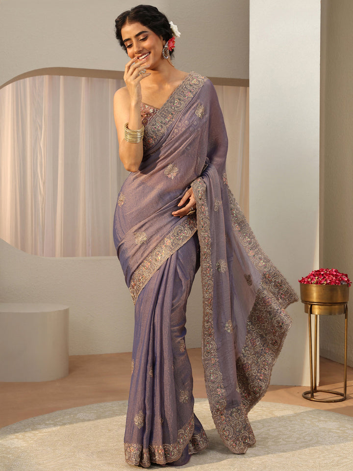 Lavender Floral Embroidered Tissue Saree