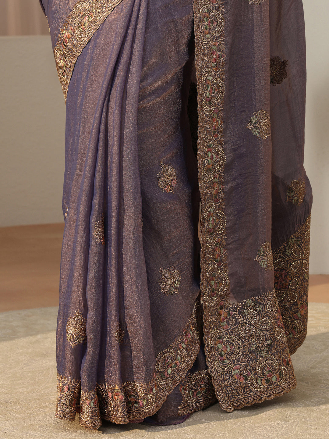 Lavender Floral Embroidered Tissue Saree