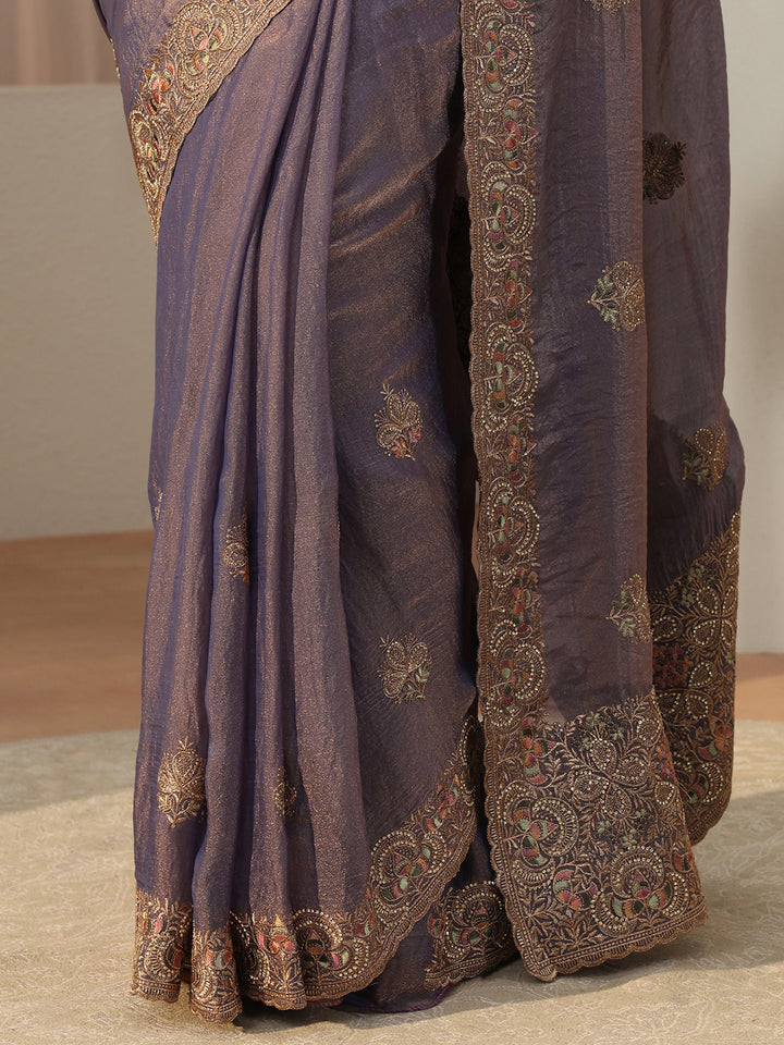 Lavender Floral Embroidered Tissue Saree