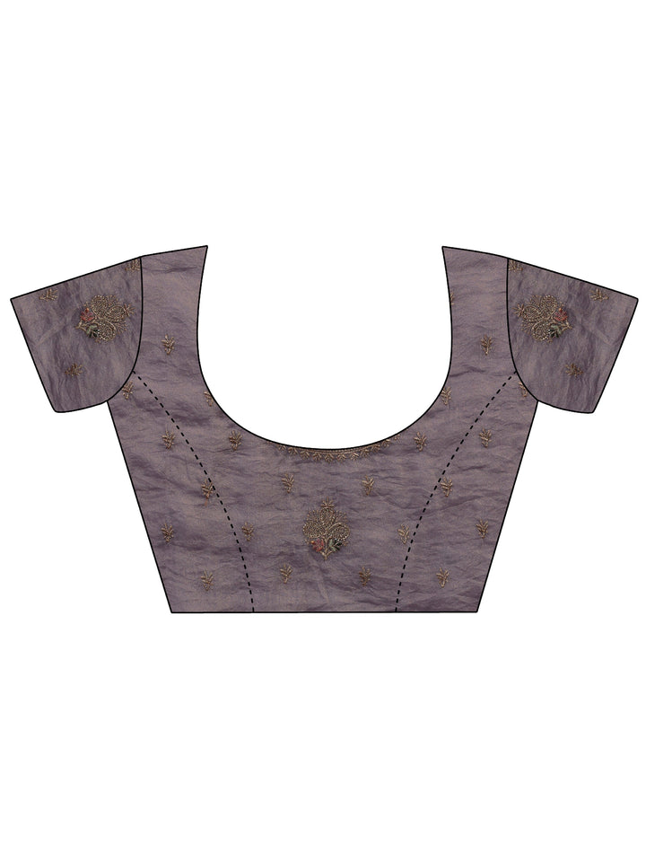 Lavender Floral Embroidered Tissue Saree