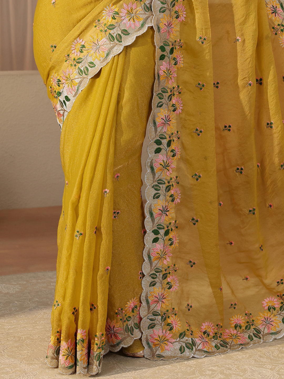 Yellow Floral Embroidered Tissue Saree
