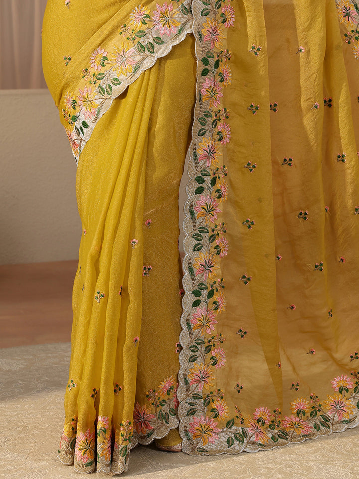 Yellow Floral Embroidered Tissue Saree