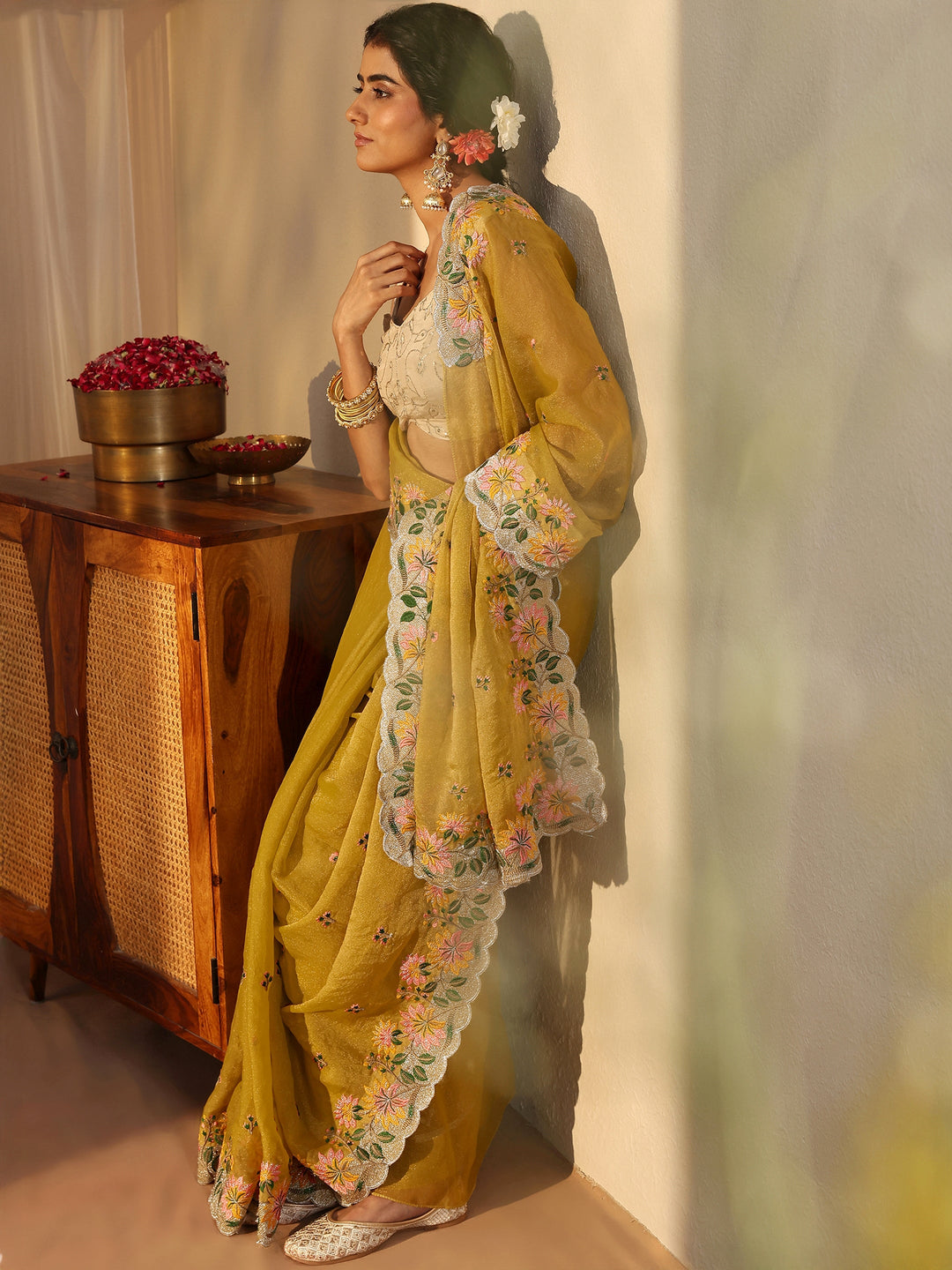 Yellow Floral Embroidered Tissue Saree